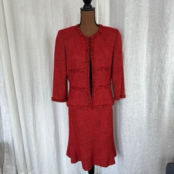 Vintage 90s Kasper Red-Orange Fringed Tweed Blazer & Skirt Suit Set, Size Medium - Picture 6 of 11